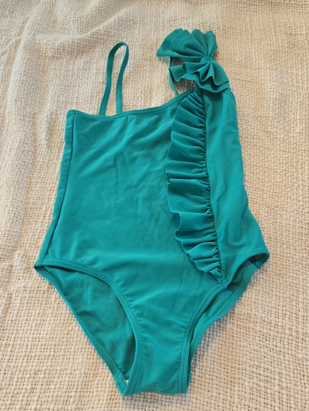 Girl's One-Shoulder Ruffle Swimsuit in Teal